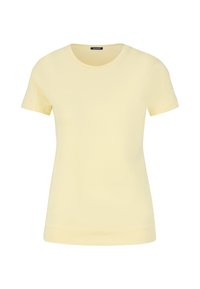 Gelbes T-Shirt mit kurzen Ärmeln aus weicher Baumwolle, mit Rundhalsausschnitt, einfachem Design und einem dezenten, geprägten Logo auf der Brust.