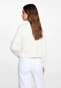Weißer, gestreifter Crop-Pullover mit Rippstruktur und langen Ärmeln, getragen über weißen Hosen. Das Model hat langes, glattes Haar und wird von hinten betrachtet.