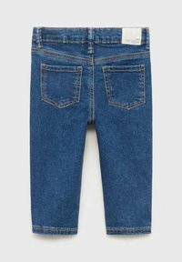 Jeans din denim albastru cu croială dreaptă, având două buzunare spate și cusături contrastante. Banda de talie fără brăzdăci, textură netedă.