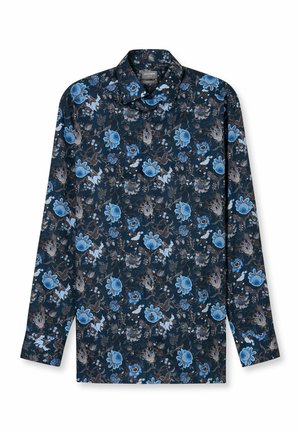 Blumenmuster Hemd mit langen Ärmeln auf dunkelblauem Hintergrund, mit blauen und braunen Blumen, mit Schalkragen und weicher Textur.