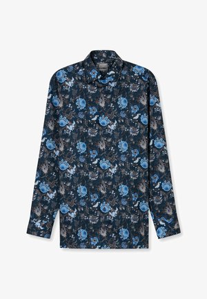 Blumenmuster Hemd mit langen Ärmeln auf dunkelblauem Hintergrund, mit blauen und braunen Blumen, mit Schalkragen und weicher Textur.