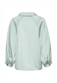 Blusa in satin verde chiaro con vestibilità rilassata, maniche raglan e polsini con bottoni. Texture liscia con un design semplice ed elegante.
