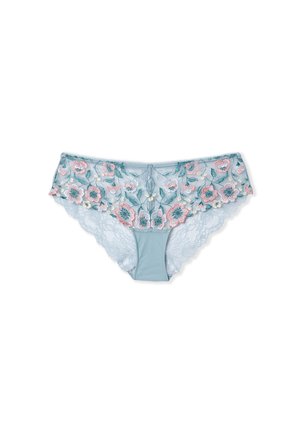 Sous-vêtements bleu clair ornés de broderies florales en rose et vert, avec des bordures en dentelle aux jambes et à la taille pour une texture et un détail supplémentaires.
