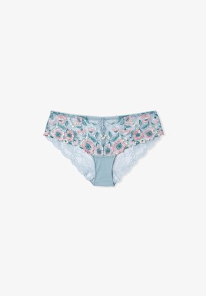 Intimo azzurro chiaro con ricamo floreale in rosa e verde, rifinito con pizzo ai bordi delle gambe e della vita per un tocco di texture e dettaglio.