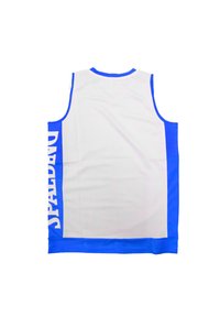 Débardeur en maille blanche pour le sport avec des bordures bleues. Présente un grand texte blanc "SPALDING" sur le côté bleu. Design classique sans manches et encolure arrondie.