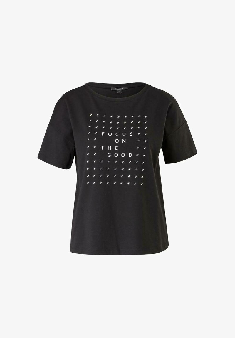 T-shirt noir à manches courtes avec motif de points argentés et les mots "FOCUS ON THE GOOD" imprimés en blanc, centrés sur le devant.
