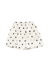 Falda blanca de capas con lunares negros, que presenta una cinturilla elástica y una tela texturizada, ofreciendo una silueta relajada.