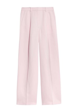 Lichtroze, wijde broekspijpen gemaakt van een gladde stof. Voorzien van zijzakken en een keurig op maat gemaakte tailleband.