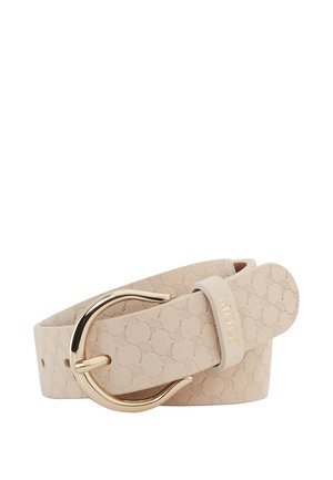 Cintura in pelle beige con motivo floreale in rilievo, fibbia curva dorata e logo "JOOP!" sul passante.