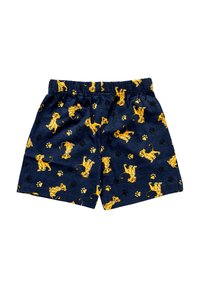 Navy blue children's shorts with an elastic waistband, featuring yellow cartoon lion cubs and black and yellow paw prints pattern.