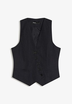 Fekete csíkozott, ujjatlan mellény öt elülső gombbal és két vízszintes hasítékzsebbel, formális viseletre szabva.