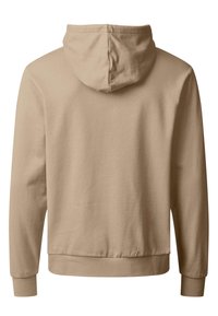 Beige long-sleeve hoodie with a hood, ribbed cuffs, and a ribbed hem, shown from the back on a white background.
