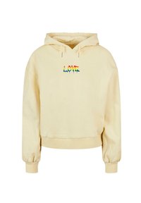 Hanorac scurt din bumbac bej deschis, având un grafic multicolor cu textul "LOVE" pe față. Include un glugă cu șnur și tivuri ribbate.