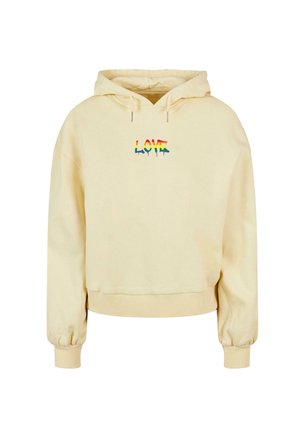 Krótkie bluzy z kapturem w jasnym beżowym kolorze, z wielokolorową grafiką "LOVE" z przodu. W zestawie z kapturem na sznurku i ściągaczami przy mankietach.