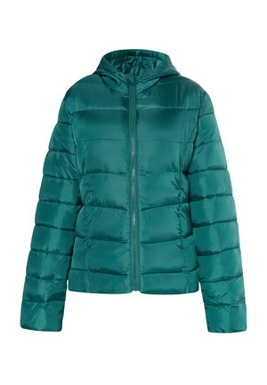 Teal pufferjakke med lynlås foran, hætte og quiltet tekstur. Har en glat, shiny overflade og elastiske manchetter.