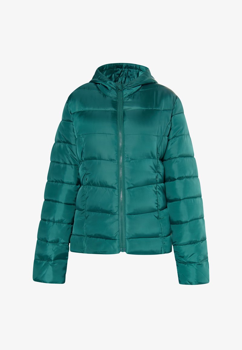 Tyrkysová prešívaná bunda s kapucňou a zipsom na prednej strane. Má hladký, lesklý povrch a elastické manžety.