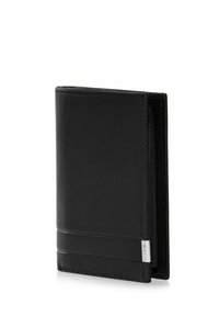 Czarny skórzany portfel o eleganckim wyglądzie, z poziomym paskiem akcentującym i srebrnymi dodatkami. Kompaktowy, o gładkiej fakturze i funkcjonalnym układzie.