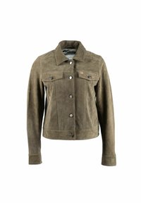 Braune Wildlederjacke mit Kragen, zwei Brusttaschen und vorderen Knöpfen. Verfügt über einen leicht kürzeren Schnitt und sichtbare Nähte.