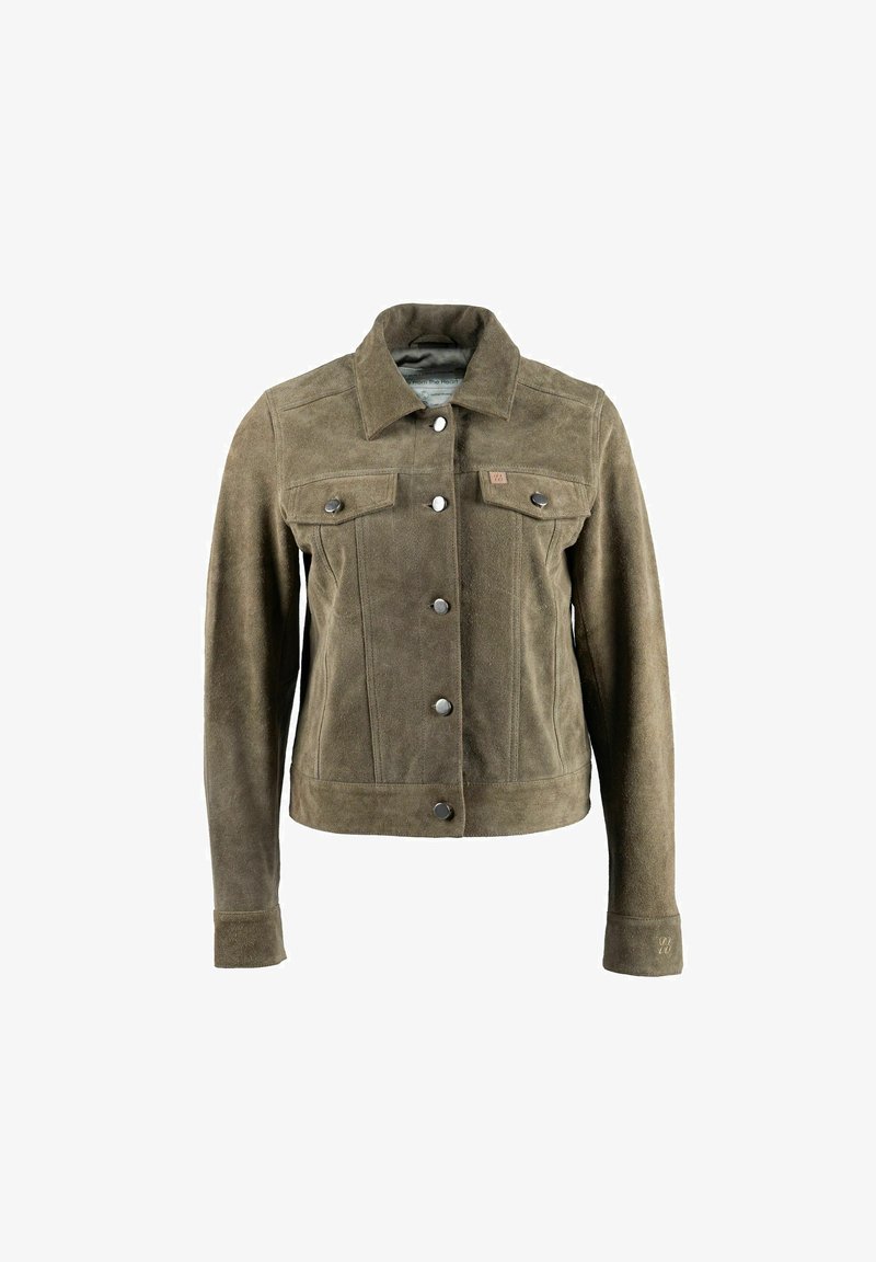 Braune Wildlederjacke mit Kragen, zwei Brusttaschen und vorderen Knöpfen. Verfügt über einen leicht kürzeren Schnitt und sichtbare Nähte.