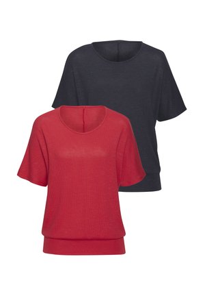 Two short-sleeve tops: one red, one dark gray. Soft fabric, round neckline, casual fit, and hemline slightly gathered at the bottom.