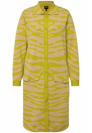 Cardigan a righe zebra verde e beige, con collo, chiusura a bottoni e due tasche applicate. Realizzato in un tessuto morbido con una texture liscia.