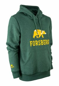 Grüne Kapuzenjacke mit einem gelben geometrischen Bärenmotiv und dem Text "FORSBERG". Enthält eine Fronttasche, eine Kapuze mit Kordelzug und gerippte Bündchen.