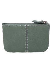 Zelená kožená kapsa se zipem, bílým prošíváním a malým koženým táhlem zipu na bílém pozadí.