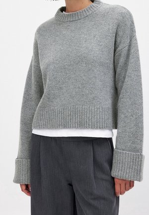 Person iført en grå striktrøje med brede manchetter over en hvid skjorte og mørkegrå plisserede bukser mod en ensfarvet baggrund.