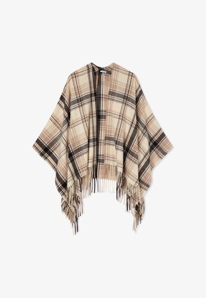 Poncho a quadretti in beige, abbronzato e nero con apertura frontale, maniche ampie e dettagli in frangia all'orlo, realizzato in tessuto morbido.