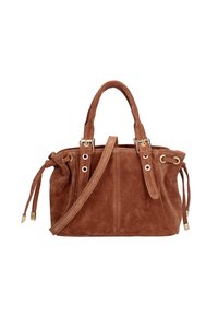 Suède handtas in bruin, met dubbele handvaten, verstelbare trekkoorden en gouden hardware accenten. Compact, zachte textuur en gestructureerde vorm.