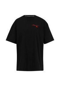 Black cotton t-shirt featuring short sleeves, a crew neckline, and red embroidered text on the chest and upper left side.