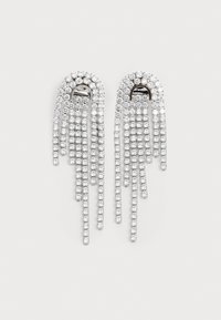 Crystal drop earrings featuring multiple cascading strands of clear rhinestones with a metal clasp, reflecting light in varied angles.