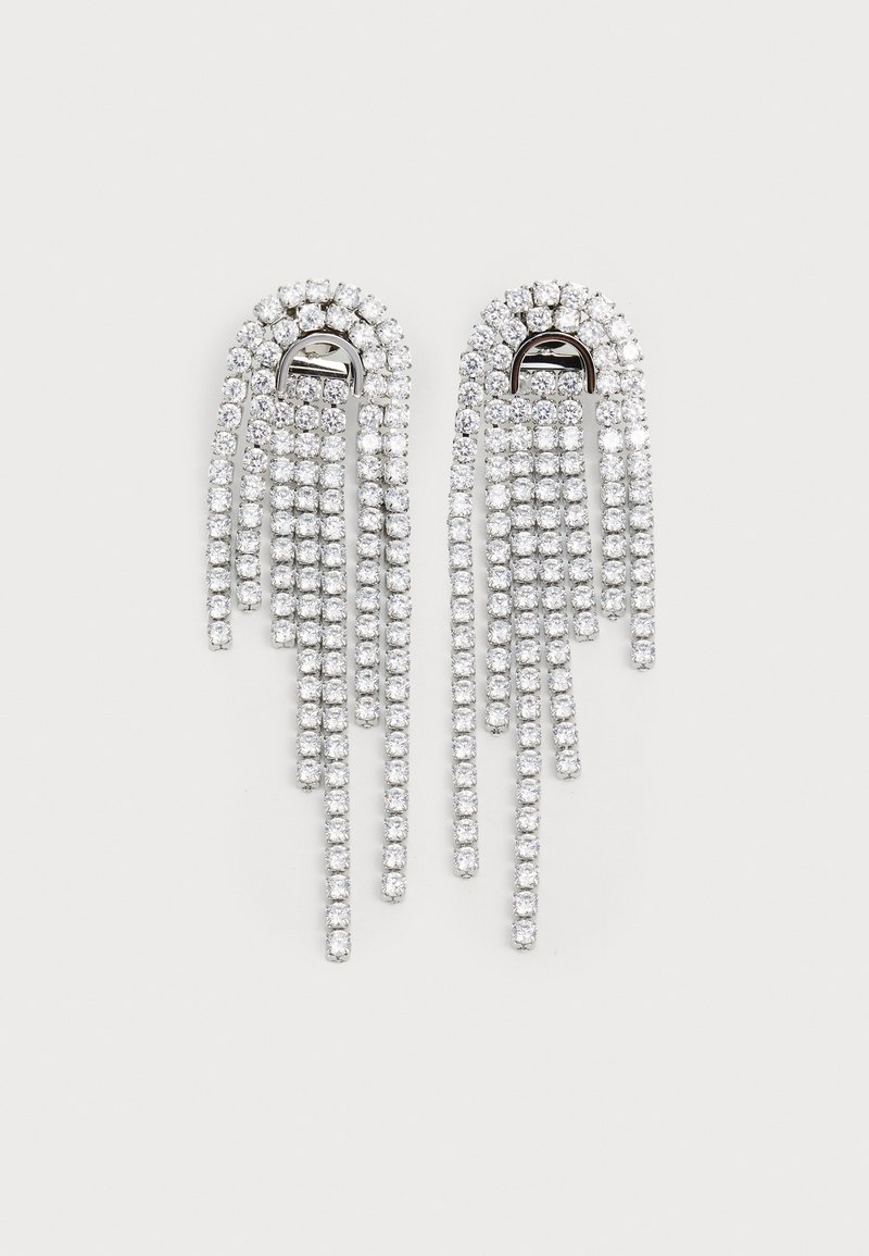 Crystal drop earrings featuring multiple cascading strands of clear rhinestones with a metal clasp, reflecting light in varied angles.