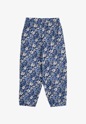 Spodnie w kwiatowy wzór w granatowym kolorze z białymi i jasnoniebieskimi motywami liści, wykonane z lekkiego materiału, z elastycznym pasem i zwężanymi nogawkami.