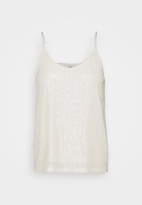 Camisola bianca con paillettes, dal collo a barca e sottili spalline argentate. Il tessuto ha una consistenza liscia e riflette la luce per un tocco di brillantezza in più.