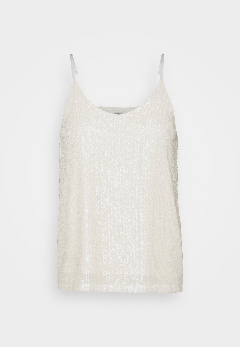Camisola bianca con paillettes, dal collo a barca e sottili spalline argentate. Il tessuto ha una consistenza liscia e riflette la luce per un tocco di brillantezza in più.