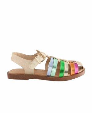 Multicolore sandalen met een gouden metallic leren bovenkant en doorzichtige banden in muntgroen, blauw, groen, oranje en roze.
