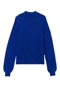 Blauer Pullover mit hohem Kragen, langen Ärmeln und einem lässigen Schnitt. Hergestellt aus weichem Strukturstoff, mit gerippten Bündchen und Saum.