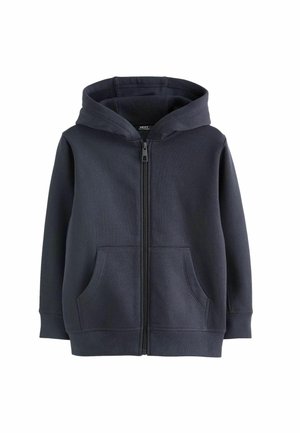 Marineblauer Hoodie mit Reißverschluss aus weichem Stoff, mit Kapuze, Vordertaschen, gerippten Bündchen und geradem Saum. Minimalistisches Design, ohne Muster.