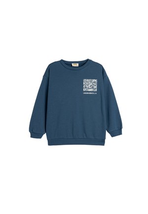Donkerblauwe sweatshirt met een ronde halslijn, lange mouwen, ribgebreide boorden en zoom. Beschikt over witte grafische tekst op de voorkant.