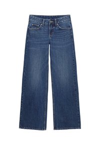 Traperice širokih nogavica u srednje plavoj boji. Imaju klasični dizajn s pet džepova i zatvarač na patentni zatvarač s gumbom. Glatka tekstura i ravni kroj.