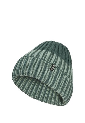 Groene geribbelde gebreide muts met omgeslagen boord en klein zwart Jack Wolfskin logo-label aan de zijkant.