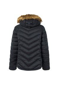 Zwarte pufferjack met een chevron-gequilte design, een afneembare capuchon met een bruine nepbontrand en elastische manchetten voor warmte.