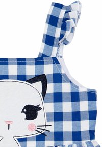 Blauwe en witte geruite katoenen jurk met verstelbare bandjes, met een geborduurd kattengezicht aan de voorkant. Rimpelaccent op de bandjes.