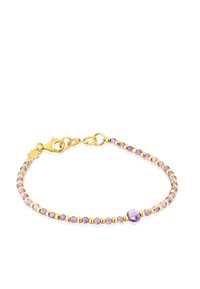 Pulsera de oro con cuentas pequeñas alternando entre oro y púrpura. Una cuenta púrpura más grande en el centro. Presenta un cierre de langosta.
