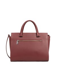 Borsa a mano in pelle bordeaux strutturata con manici superiori, tracolla rimovibile e tasca frontale con zip e hardware in argento.