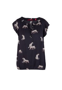 Blouse noire à manches courtes avec encolure élastique et motif léopard avec des léopards marchant, assis et debout.