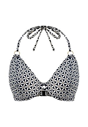 Laivastonsininen bikiniyläosa, jossa on geometrinen valko-kultainen kuvio, solmittavat halteriolkaimet ja keskellä oleva hakasuljin kultaisin yksityiskohdin.