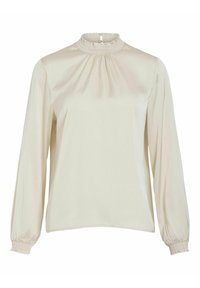 Cremefarvet bluse med lange ærmer, gathered krave og elastiske manchetter. Glat, shiny stof med plisseringer foran og bagpå.