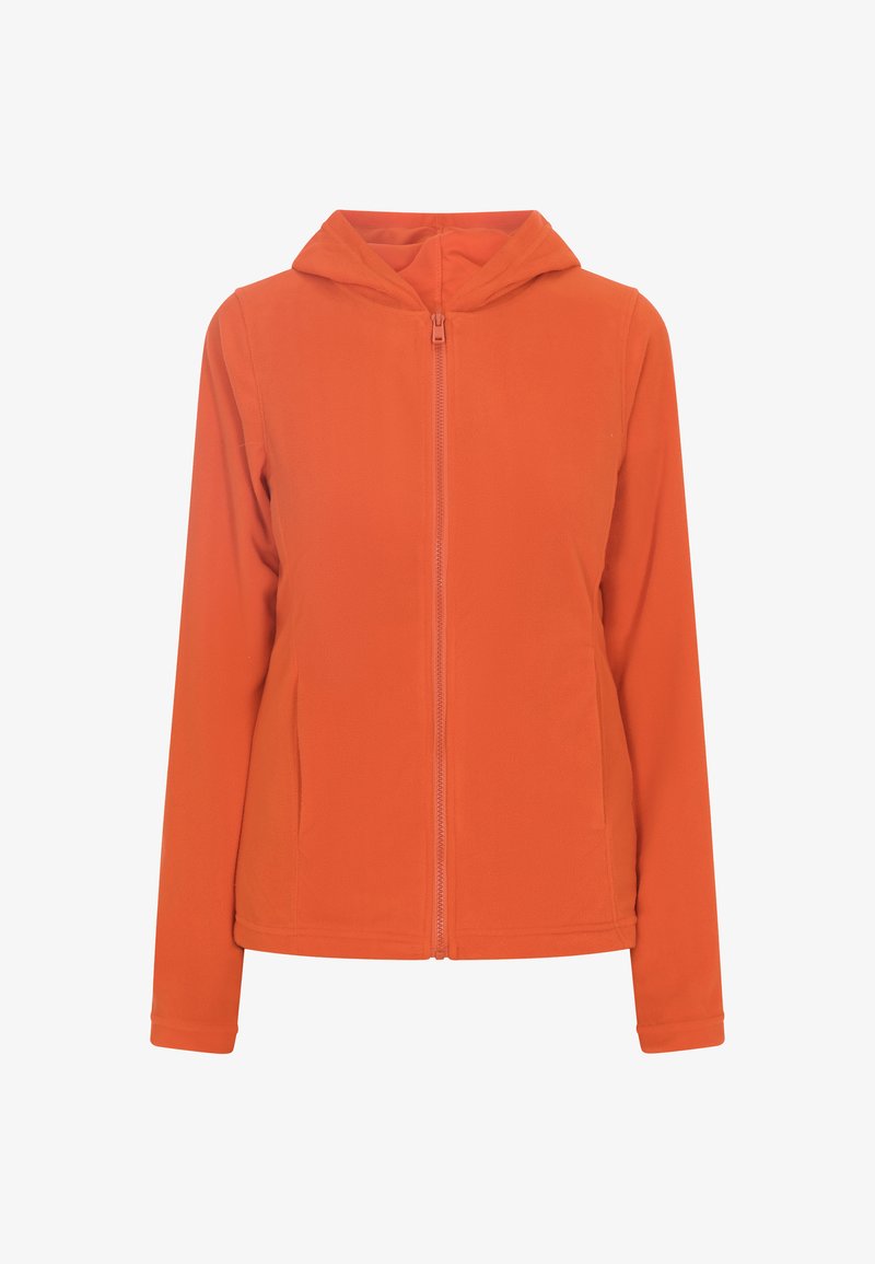 Giacca arancione con zip e cappuccio, realizzata in tessuto morbido. Caratterizzata da maniche lunghe e un design semplice senza ulteriori motivi o accenti.